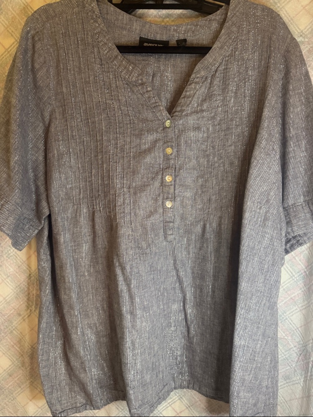 Avenue Gray Silver Threading Short-Sleeve Pintuck Henley Blouse